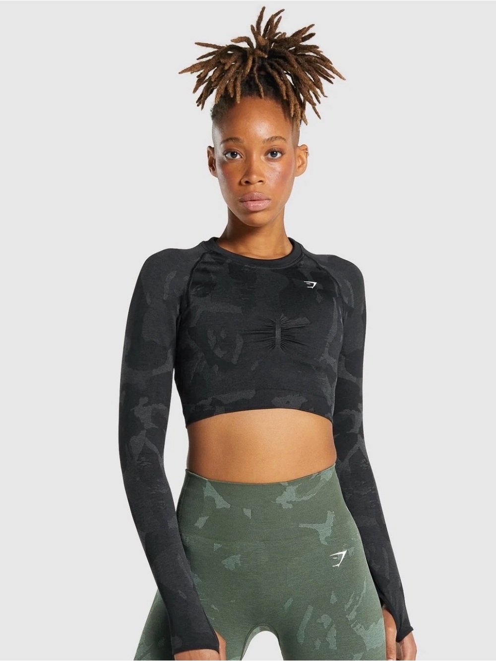 Gymshark Womens Adapt Camo Black Long Sleeve Seamless Crop - XS